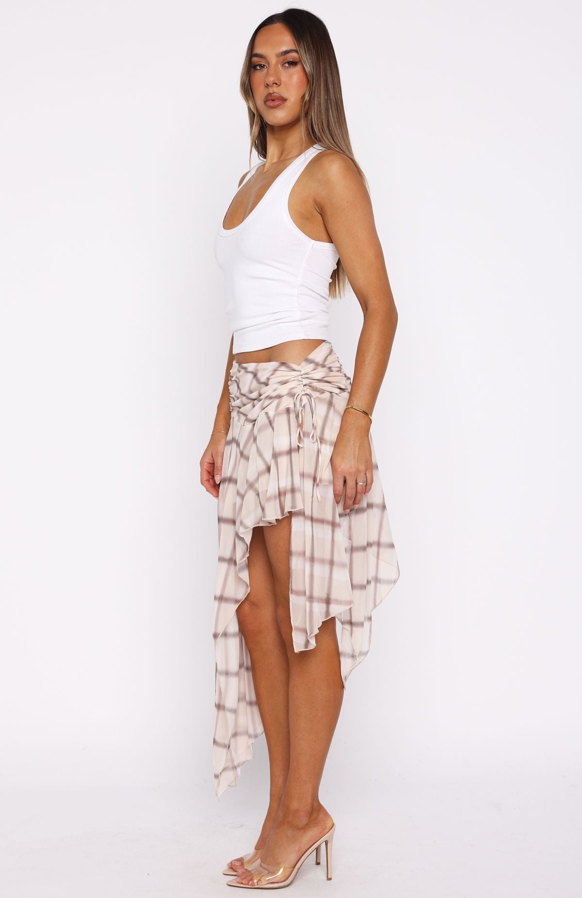 Keeping Secrets Midi Skirt Neutral Check