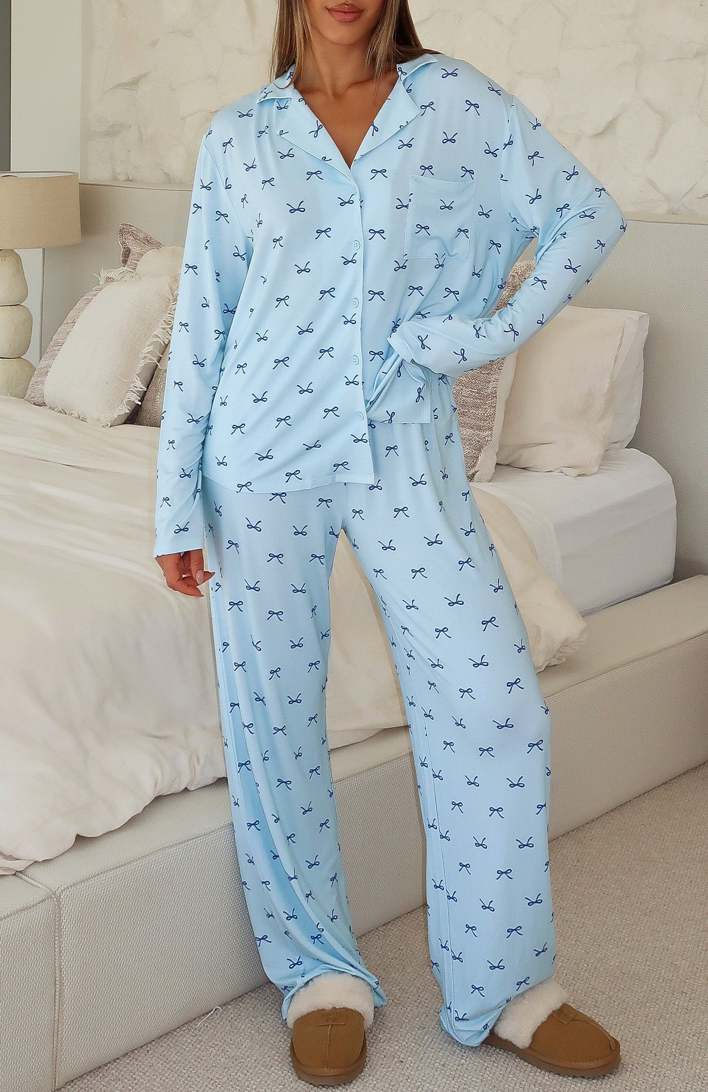 Pillow Talk Printed Long Sleeve Pyjama Set Sky Ribbons