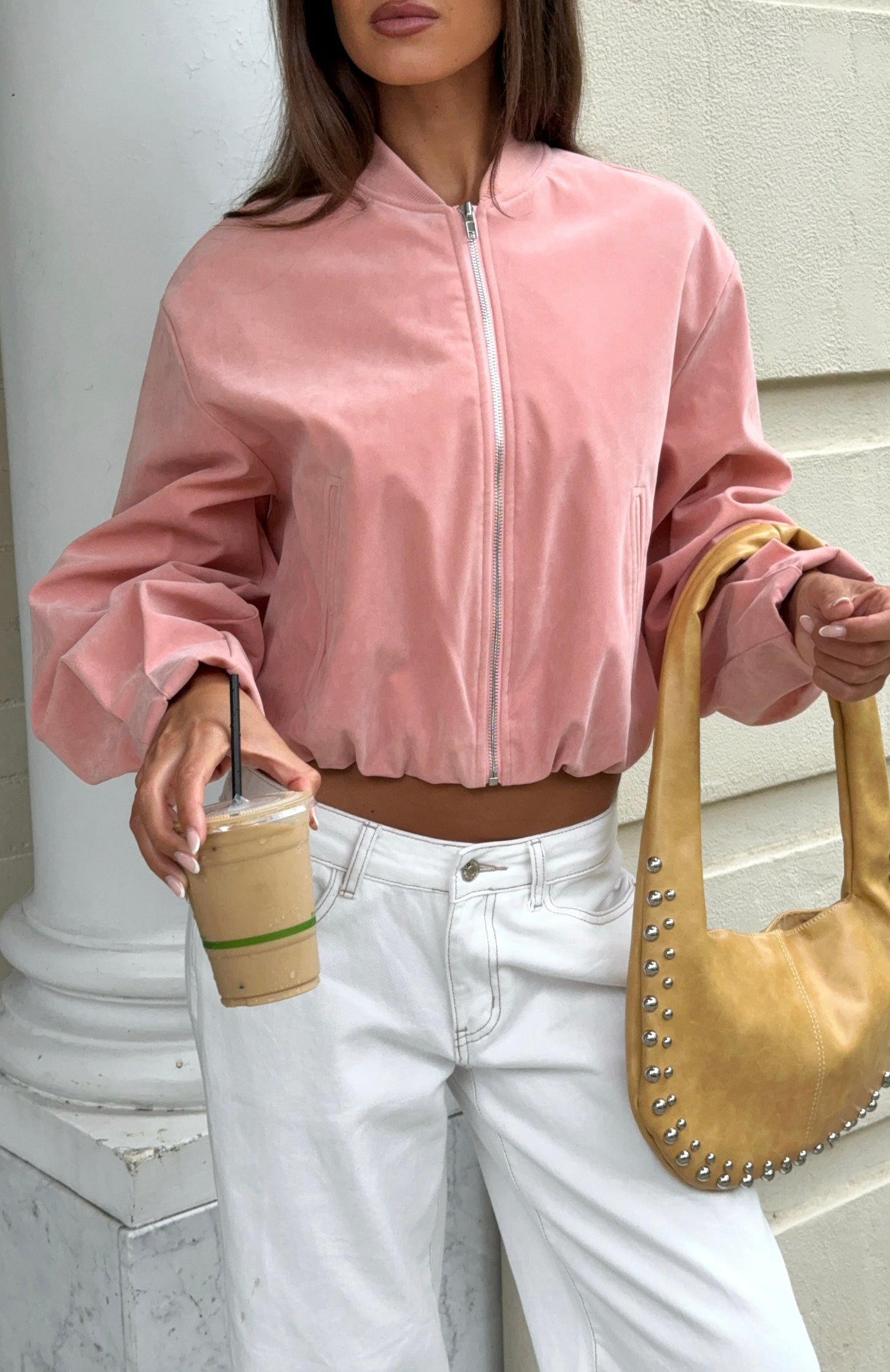 What Did I Miss Faux Suede Jacket Blush